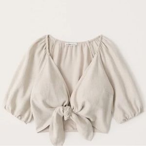 Abercrombie & Fitch Linen Blend Tie-Front Top Natural